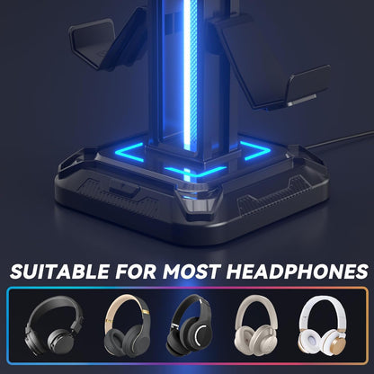 RGB Headset Stand with 9 Light Modes - Controller Holder for Desk - Rotatable Headphone Stand & Detachable Controller Hook for PC Earphone Accessories(Black)