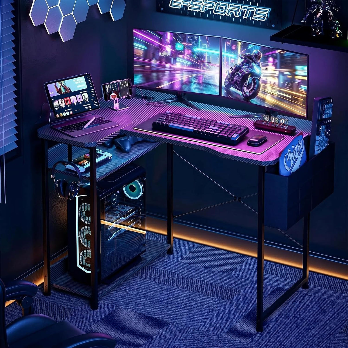 L Shaped Gaming Desk 48 Inch - Computer Corner Desk with Power Outlets, Reversible Shelves & Storage Bag for Home Office, PC Gaming Table, Black Carbon