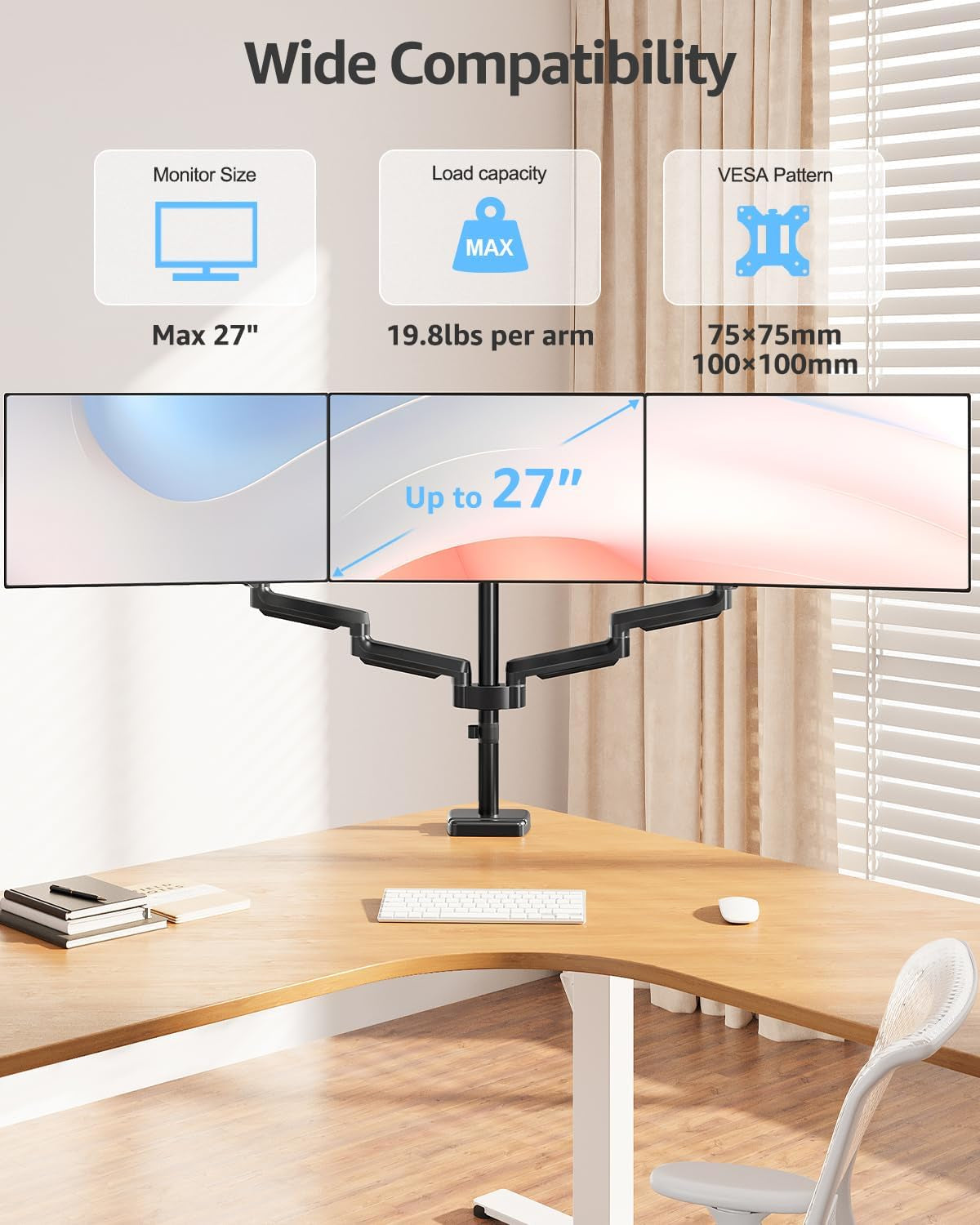 Triple Monitor Stand Mount - 3 Monitors Desk Mount for Computer Screens up to 27 Inch, Triple Monitor Arm, Heavy Duty Monitors Stand, Each Arm Holds 4.4-19.8 Lbs, Black