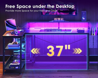 48 Inch L Shaped Gaming Desk with LED Lights, Power Outlets, Black | Adjustable Monitor Stand, Open Storage Shelves, Hanging Side Bag, PC Tower Stand, Reversible Layout for Gaming