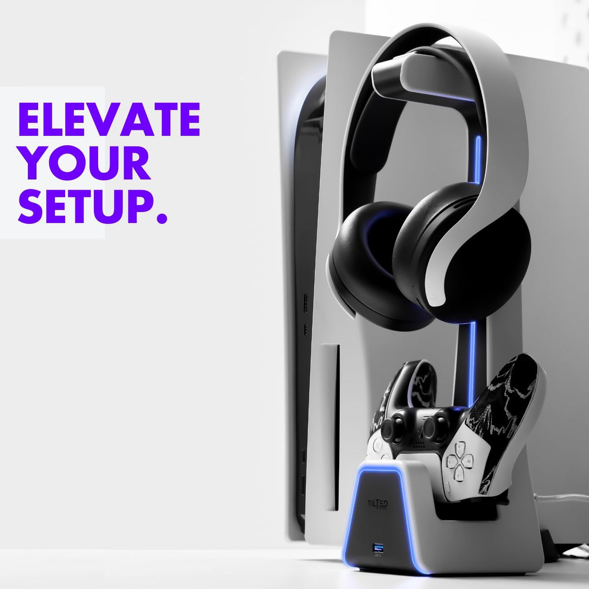 Gaming Headset and Controller Stand | Premium PS5 Accessories (Clean Space with Charging Station) Headphone and Controller Holder for Desk, Playstation 5, Xbox Game,