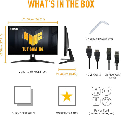 ASUS TUF Gaming 27” 1440P Monitor (VG27AQ5A) – QHD (2560 X 1440), 210Hz (OC), 0.3Ms, Fast IPS, Extreme Low Motion Blur Sync, Freesync Premium, Speakers, Displaywidget Center, Gaming AI, 3 Yr Warranty