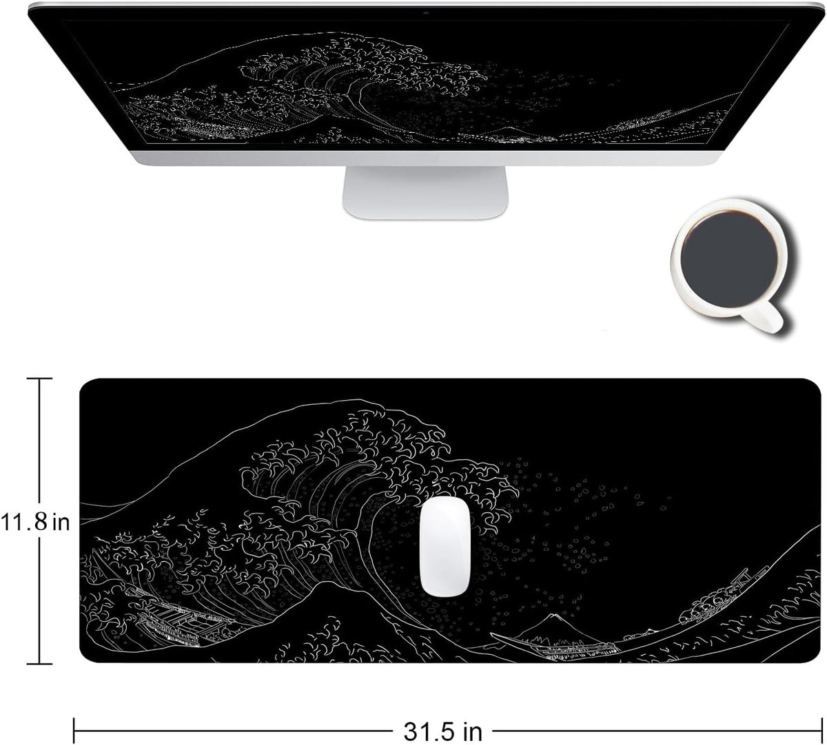 Gaming Mouse Pad, Large Mouse Pads for Desk, Non-Slip Rubber Base Mousepad, Keyboard Mouse Mat, Desk Pad with Stitched Edges, 31.5X11.8Inch, the Great Wave off Kanagawa