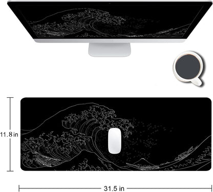 Gaming Mouse Pad, Large Mouse Pads for Desk, Non-Slip Rubber Base Mousepad, Keyboard Mouse Mat, Desk Pad with Stitched Edges, 31.5X11.8Inch, the Great Wave off Kanagawa