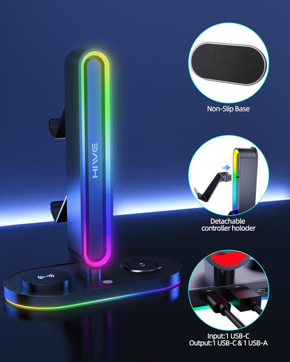 Headphone Stand, Dual Controller Holder, Magsafe Charger for Iphone/Iwatch | RGB Gaming Headset Stand for All Headphones, Dual Outputs, ABS Solid Base, Adapter Included, Table Desk Organizer