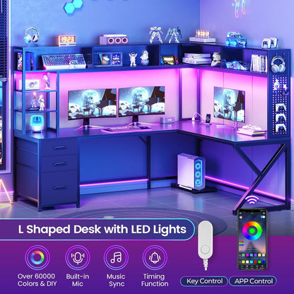 L Shaped Gaming Desk with Storage Shelves, Hutch, Drawers | Convertible 94.5" Computer Desk with Power Outlet, LED Lights, Pegboard, Corner Gaming Table for Home Office, Black
