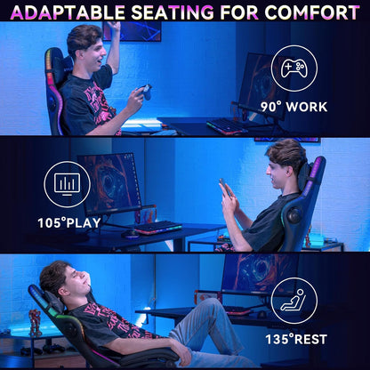 RGB Gaming Chair with Speakers - LED Computer Game Chair for Adults, PC Home Office Chairs with Footrest & Lights, Reclining Desk Chairs, Dark Black