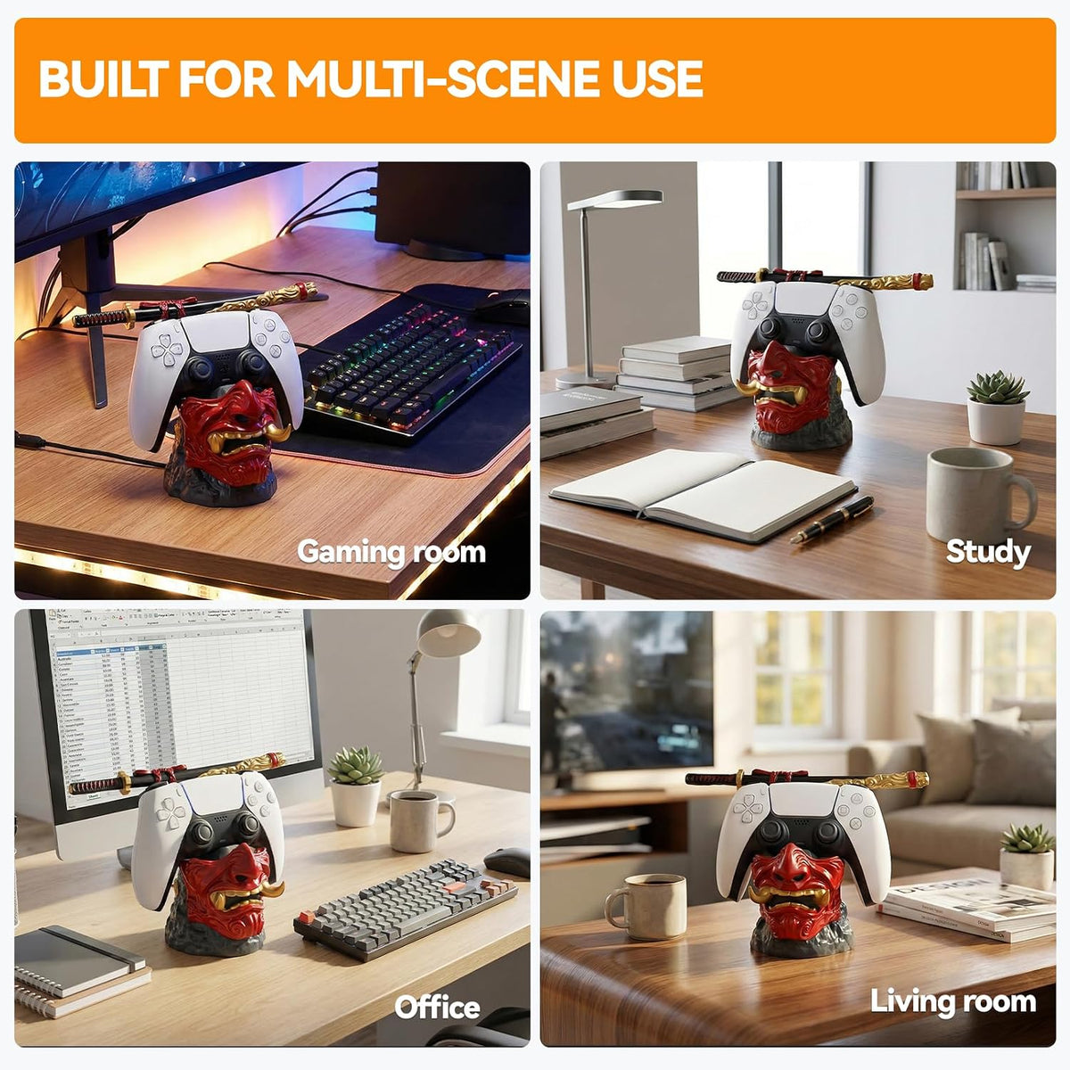 Gaming Controller Holder Stand Accessories: Samurai Warrior Mask Stand for PS5 Xbox Switch & Headsets, Resin Multi-Device Gaming Stand Desktop Organizer & Unique Gamer Gift