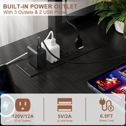 L Shaped Desk Gaming Desk, 59" L Shaped Computer Desk with LED Light & Power Outlet, Reversible Home Office Desk Gamer Desks with Shelves & Storage Bag & Hooks, Corner PC Desk, Black
