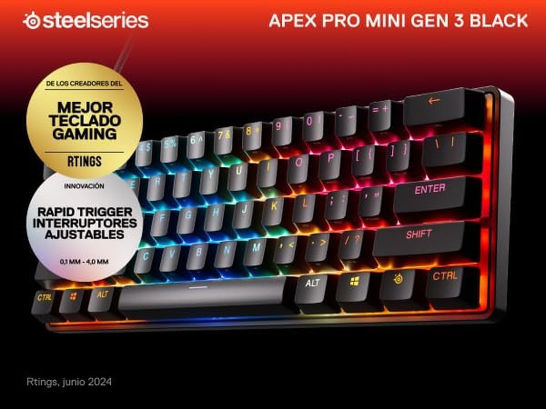 Steelseries Apex Pro Mini Gen 3 Omnipoint 3.0 Hypermagnetic Switches — Adjustable Actuation — Rapid Trigger — Game-Ready Presets — Protection Mode — Rapid Tap/Socd — RGB — PBT Keycaps — USB-C