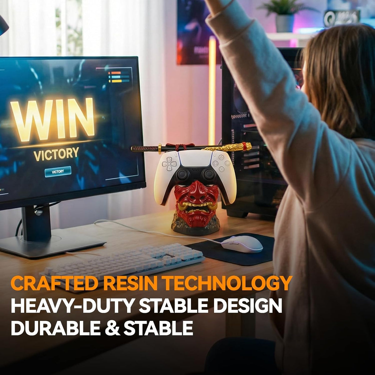 Gaming Controller Holder Stand Accessories: Samurai Warrior Mask Stand for PS5 Xbox Switch & Headsets, Resin Multi-Device Gaming Stand Desktop Organizer & Unique Gamer Gift