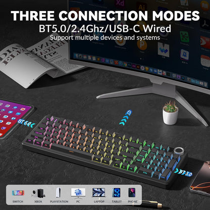 F99 Pro Wireless Mechanical Keyboard-Silent Version,Bt5.0/2.4Ghz/Usb-C Hot Swappable Custom Keyboard,Gasket Structure,Pre-Lubed Linear Switches RGB Backlit Computer Gaming Keyboards,Black