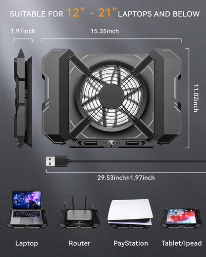 Laptop Cooling Pad, Gaming Laptop Cooler with 7.1 Inch Powerful Fan, RGB Lights & 3-Speed Fan Control & LCD Diamond Design, Height Adjustable Quiet Laptop Cooling Stand for 12"-21" Laptops Etc