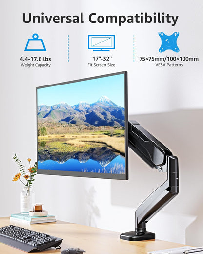 Single Monitor Desk Mount Holds Screen up to 32 Inch, Height Adjustable Monitor Arm, Full Motion Computer Monitors Stand with Clamp/Grommet Base, VESA Mounts Fit 4.4-17.6Lbs Computer, Black