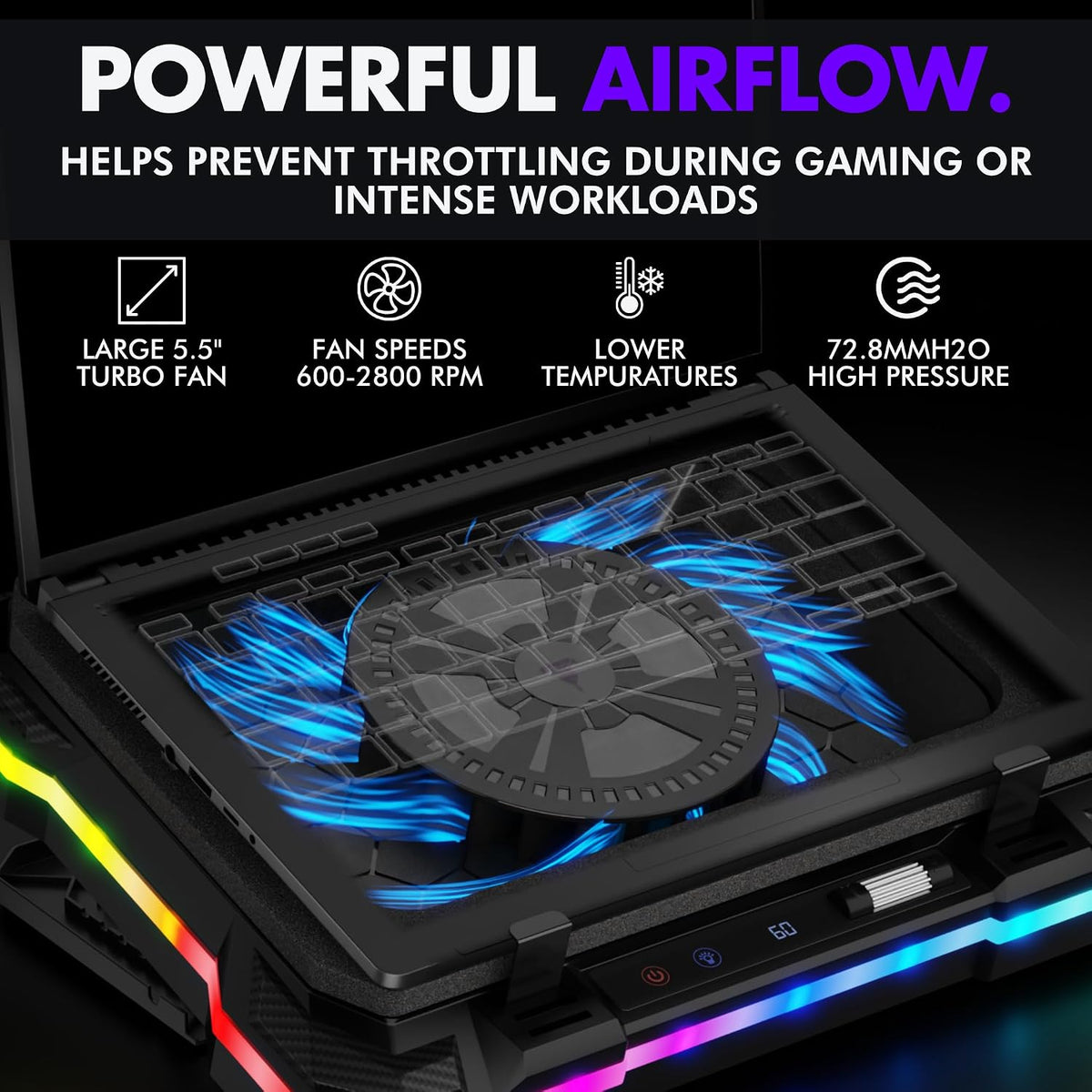Gaming Laptop Cooling Pad with USB Hub - Boost Performance, Stay Comfortable - RGB Laptop Cooler Stand with Adjustable Height & Fan Speed, RGB, USB (C + A) Hub, for 15.6" - 19" Laptops