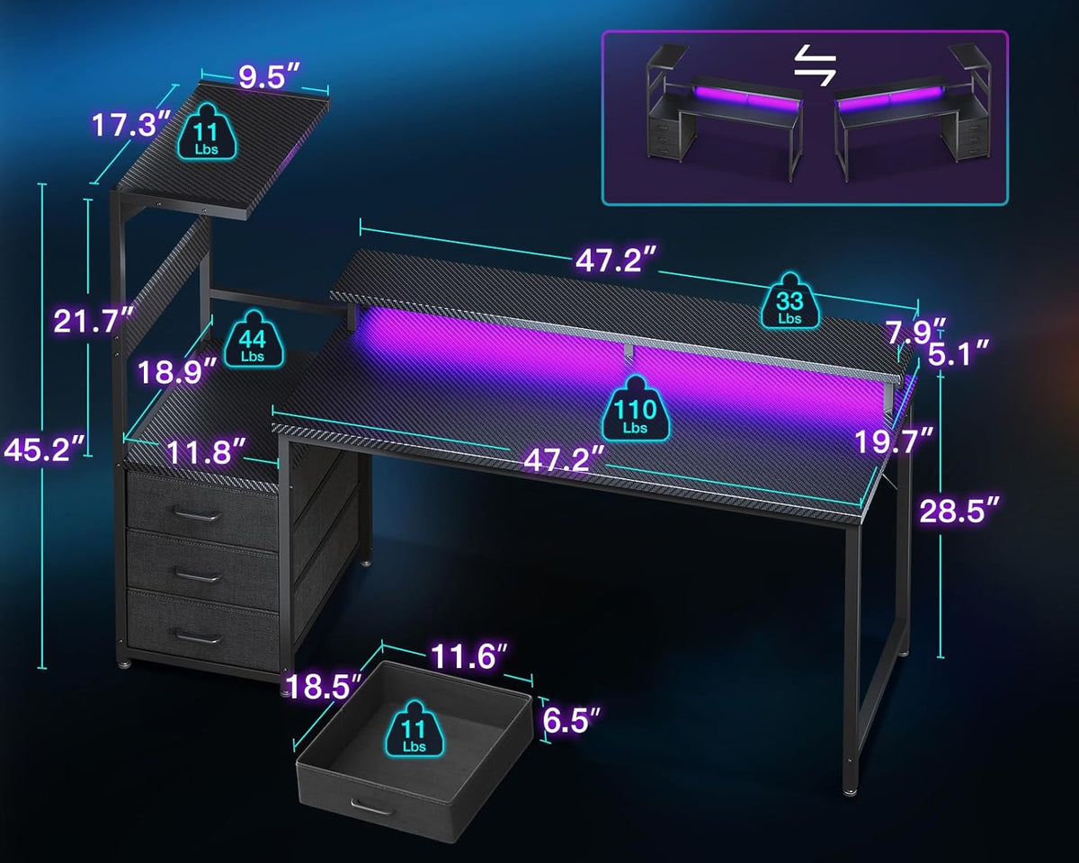 Gaming Desk W/Pc Showcase Stand, 59" Reversible, RGB LED, Black | Elevated Stand Fits Lian Li O11, Hyte Y60. Triple Drawers Hide Cables, Controllers, Clutter