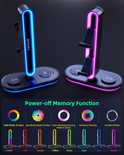 Headphone Stand, Dual Controller Holder, Magsafe Charger for Iphone/Iwatch | RGB Gaming Headset Stand for All Headphones, Dual Outputs, ABS Solid Base, Adapter Included, Table Desk Organizer