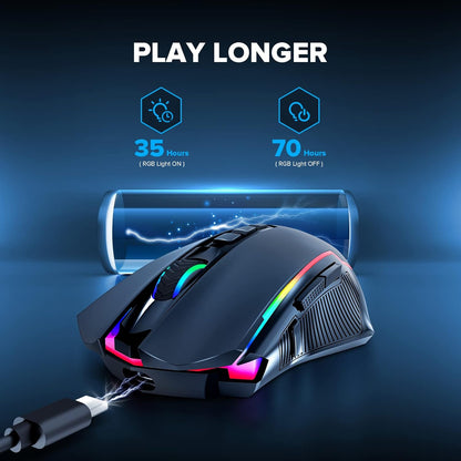 Gaming Mouse, Wireless Mouse Gaming with 8000 DPI, PC Gaming Mice with Fire Button, RGB Backlit Programmable Ergonomic Mouse Gamer, Rechargeable, 70Hrs for Windows, Mac Gamer, Black