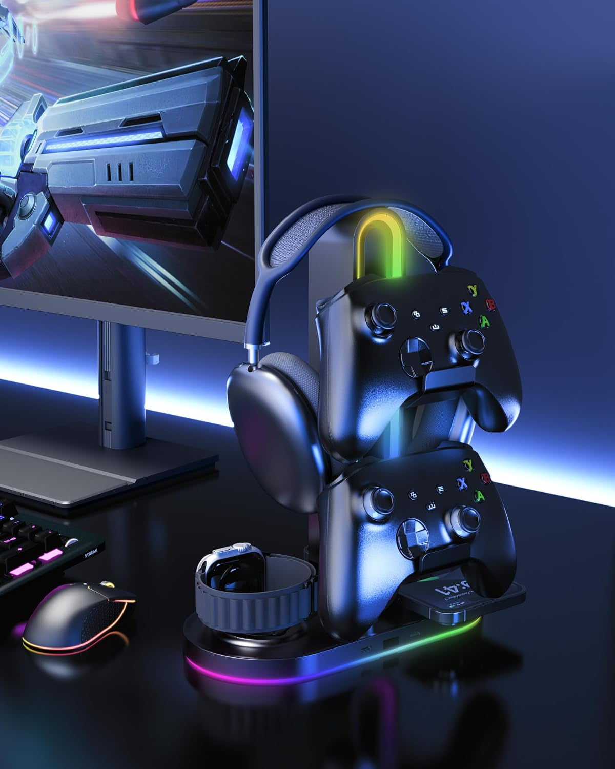 Headphone Stand, Dual Controller Holder, Magsafe Charger for Iphone/Iwatch | RGB Gaming Headset Stand for All Headphones, Dual Outputs, ABS Solid Base, Adapter Included, Table Desk Organizer