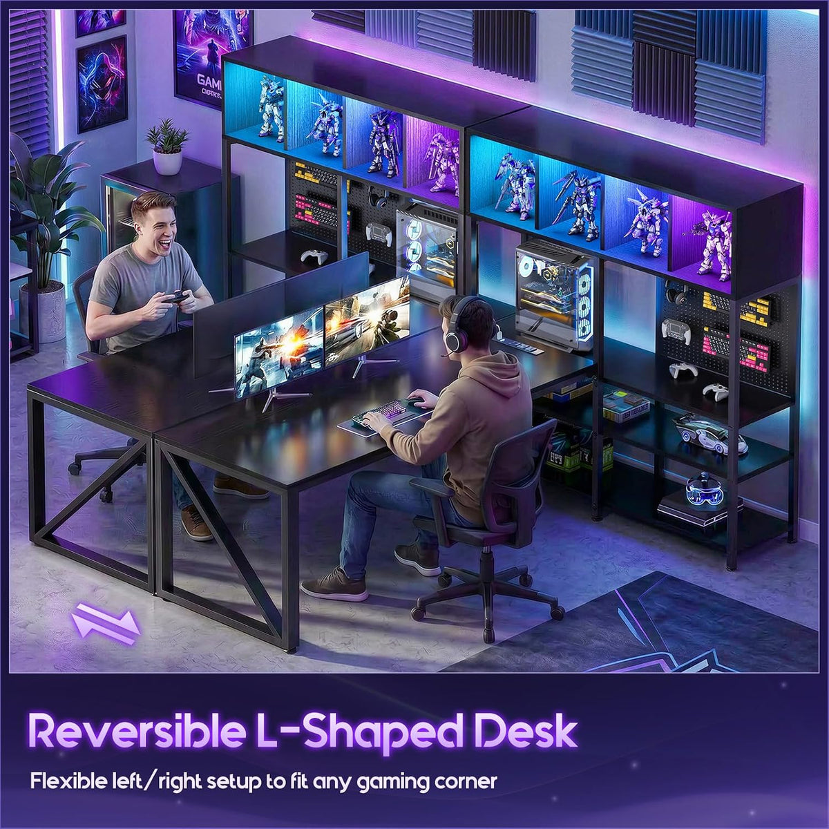 63" L Shaped Gaming Desk with Display Hutch and Large Desktop, Black | LED Lights, Power Outlets, PC Tower Display Shelf, Pegboard, Storage Shelves, Reversible Layout for Gaming and Home Office